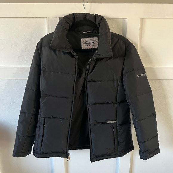 EUC Vintage Guess down puffer coat women’s small black zip up jacket unisex top - Picture 9 of 16